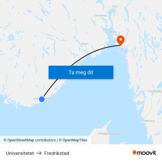 Universitetet to Fredrikstad map