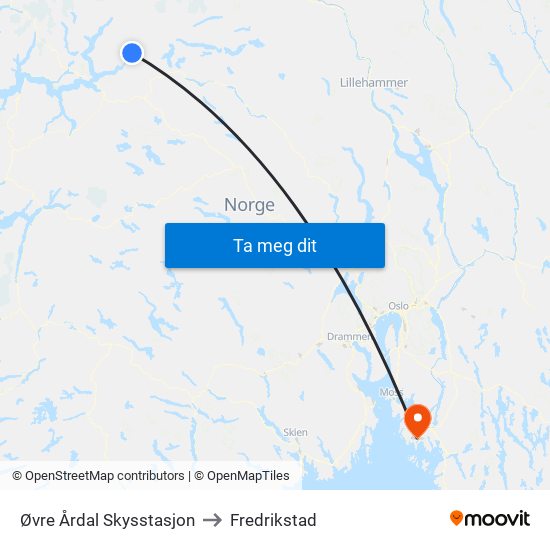 Øvre Årdal Skysstasjon to Fredrikstad map