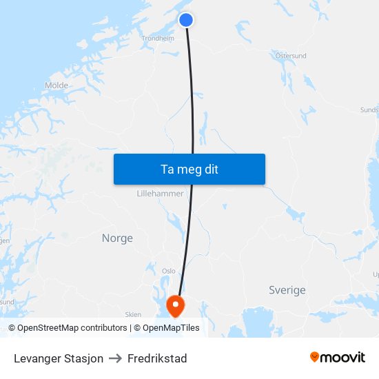 Levanger Stasjon to Fredrikstad map