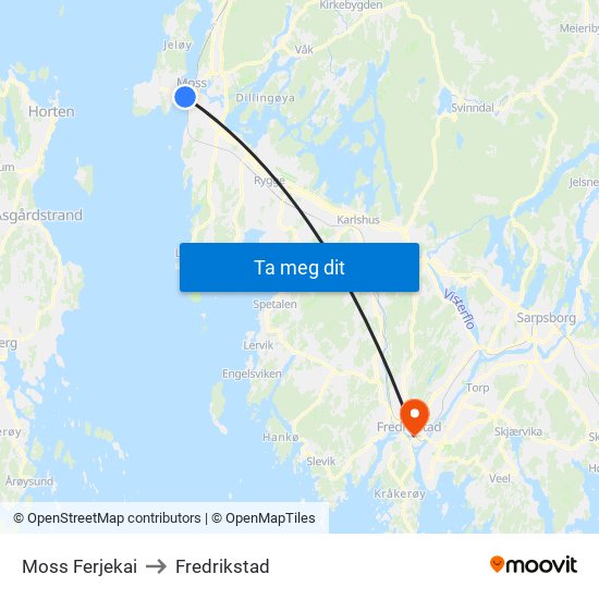 Moss Ferjekai to Fredrikstad map