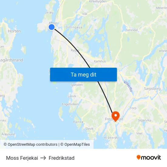 Moss Ferjekai to Fredrikstad map