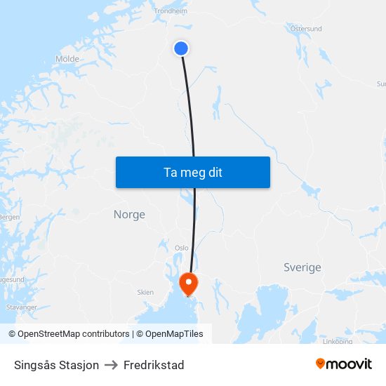 Singsås Stasjon to Fredrikstad map