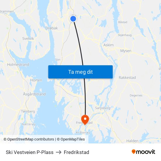 Ski Vestveien P-Plass to Fredrikstad map