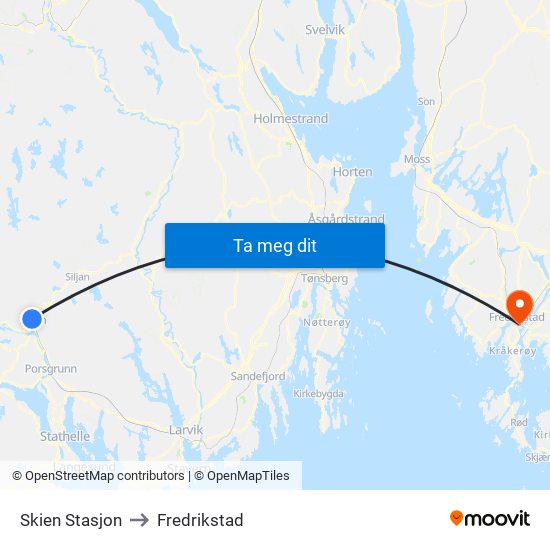 Skien Stasjon to Fredrikstad map