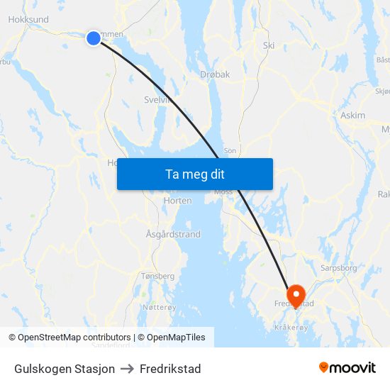 Gulskogen Stasjon to Fredrikstad map