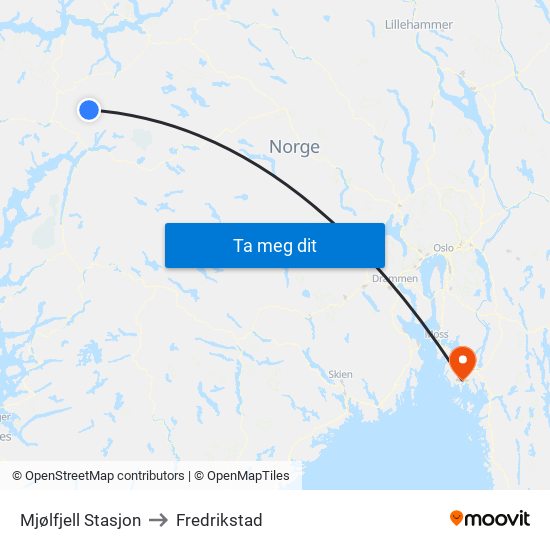 Mjølfjell Stasjon to Fredrikstad map