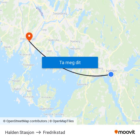Halden Stasjon to Fredrikstad map