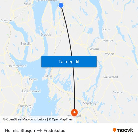 Holmlia Stasjon to Fredrikstad map