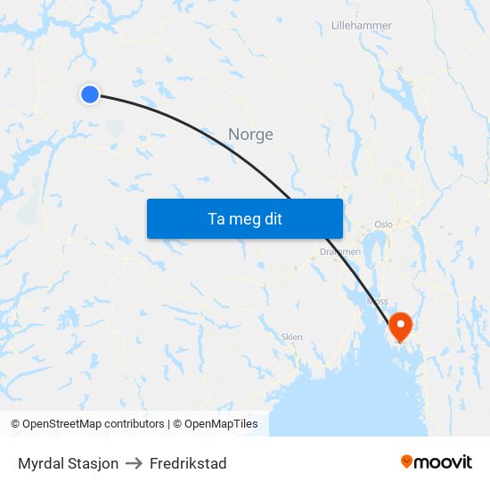 Myrdal Stasjon to Fredrikstad map