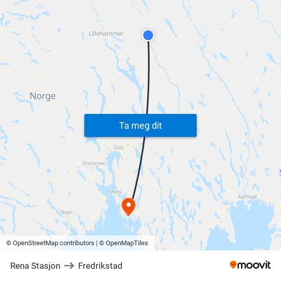 Rena Stasjon to Fredrikstad map