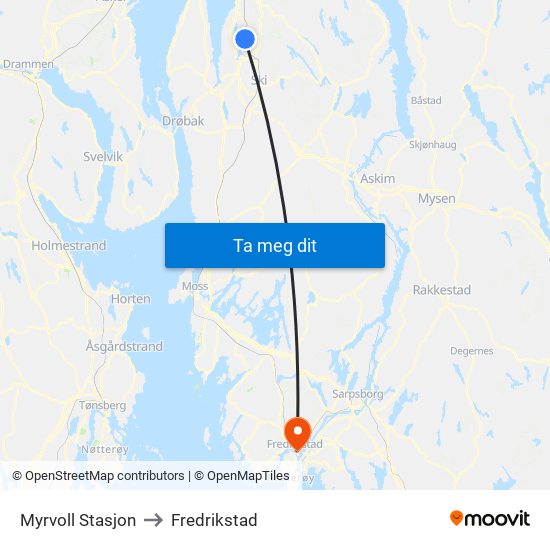 Myrvoll Stasjon to Fredrikstad map