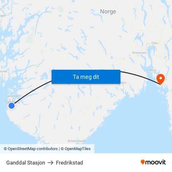 Ganddal Stasjon to Fredrikstad map