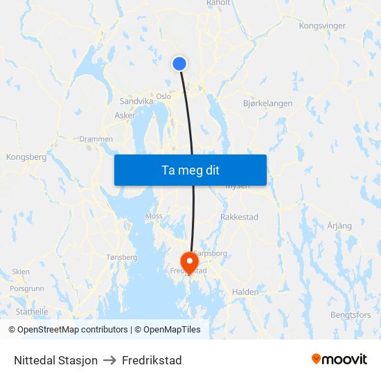 Nittedal Stasjon to Fredrikstad map