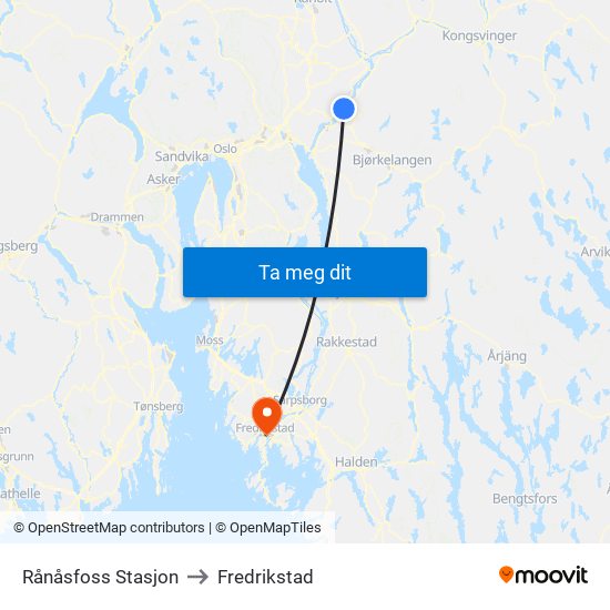 Rånåsfoss Stasjon to Fredrikstad map