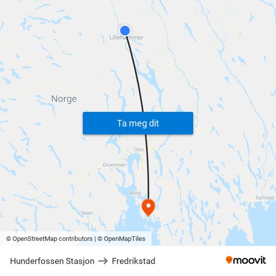 Hunderfossen Stasjon to Fredrikstad map