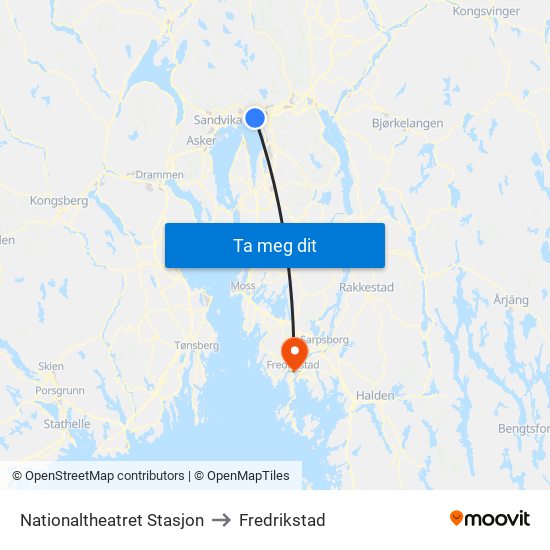 Nationaltheatret Stasjon to Fredrikstad map