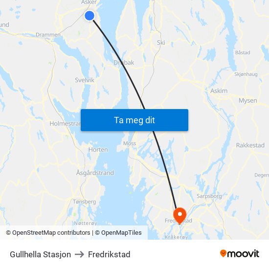 Gullhella Stasjon to Fredrikstad map