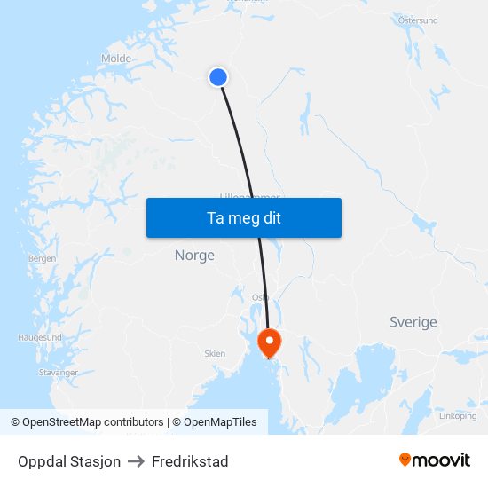 Oppdal Stasjon to Fredrikstad map