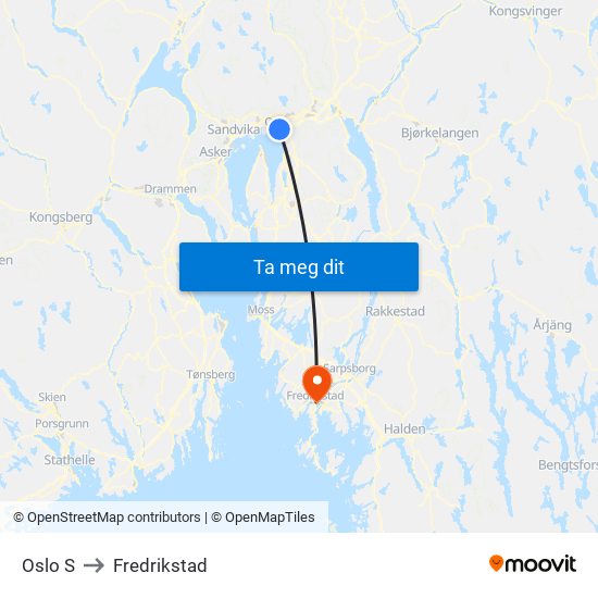 Oslo S to Fredrikstad map