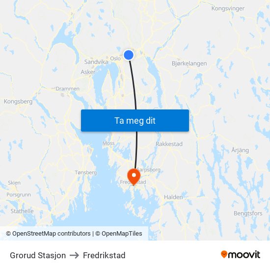 Grorud Stasjon to Fredrikstad map