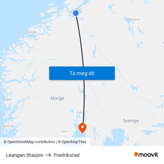 Leangen Stasjon to Fredrikstad map