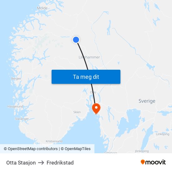 Otta Stasjon to Fredrikstad map