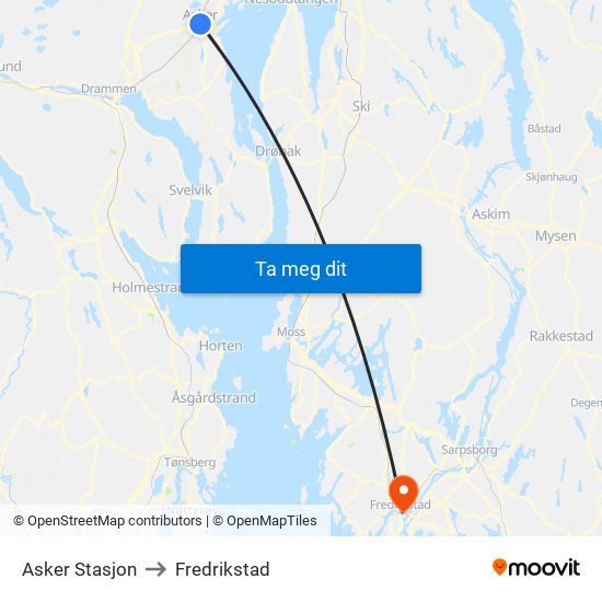 Asker Stasjon to Fredrikstad map