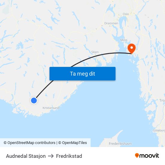 Audnedal Stasjon to Fredrikstad map