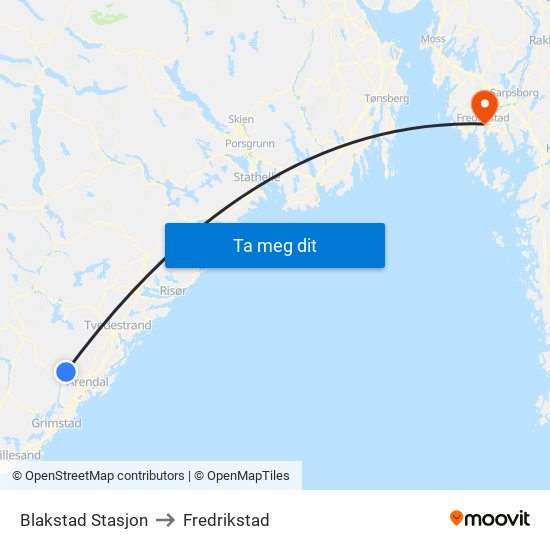 Blakstad Stasjon to Fredrikstad map