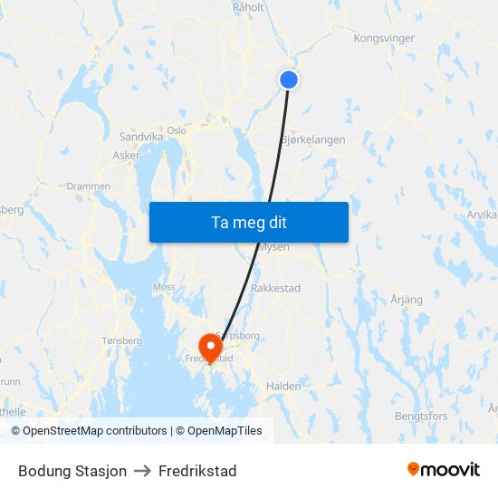 Bodung Stasjon to Fredrikstad map
