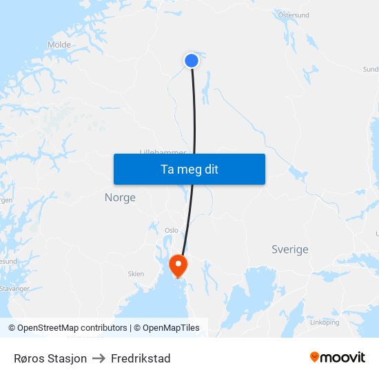 Røros Stasjon to Fredrikstad map