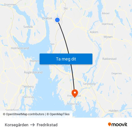 Korsegården to Fredrikstad map
