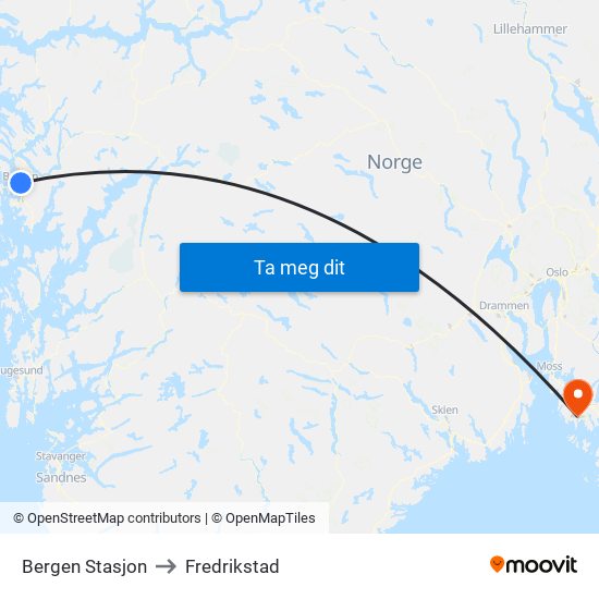 Bergen Stasjon to Fredrikstad map