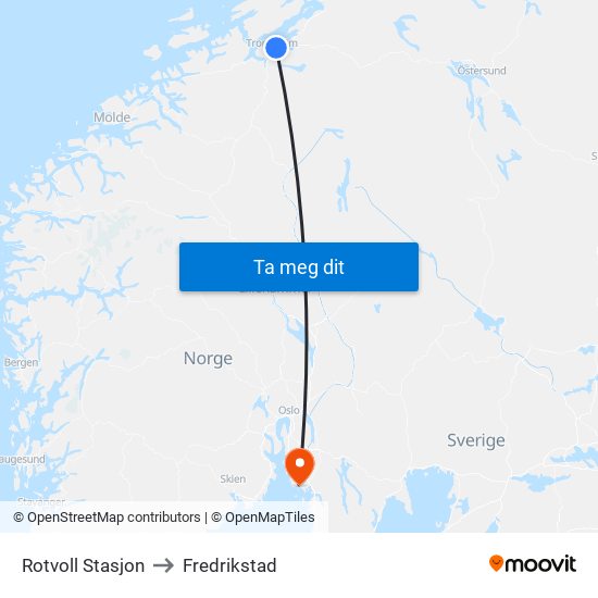Rotvoll Stasjon to Fredrikstad map