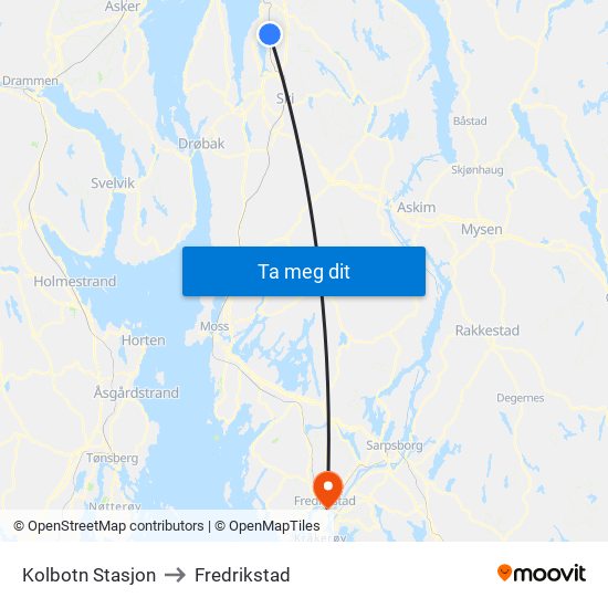 Kolbotn Stasjon to Fredrikstad map