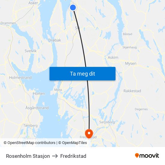 Rosenholm Stasjon to Fredrikstad map