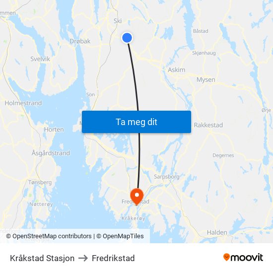 Kråkstad Stasjon to Fredrikstad map