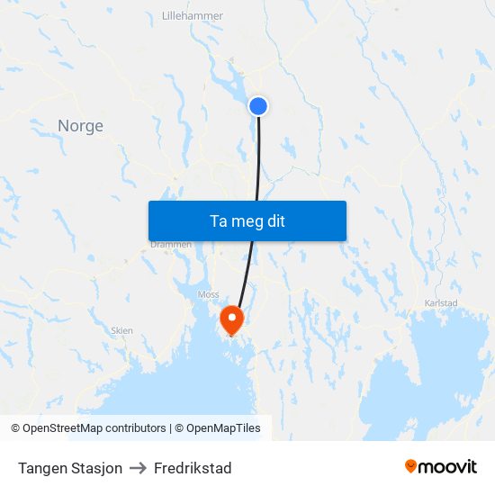 Tangen Stasjon to Fredrikstad map