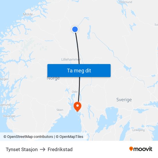 Tynset Stasjon to Fredrikstad map