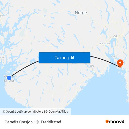 Paradis Stasjon to Fredrikstad map