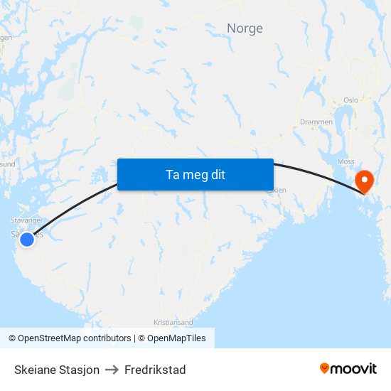 Skeiane Stasjon to Fredrikstad map
