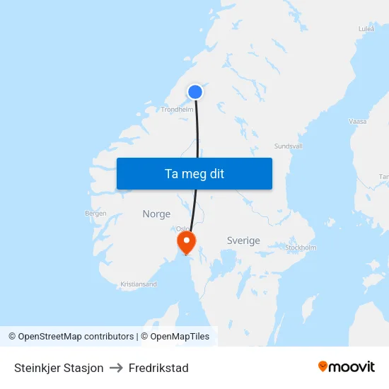 Steinkjer Stasjon to Fredrikstad map