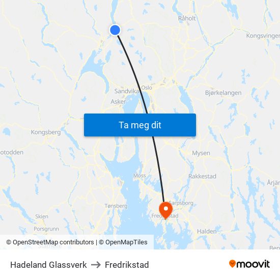 Hadeland Glassverk to Fredrikstad map