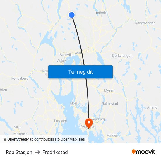 Roa Stasjon to Fredrikstad map