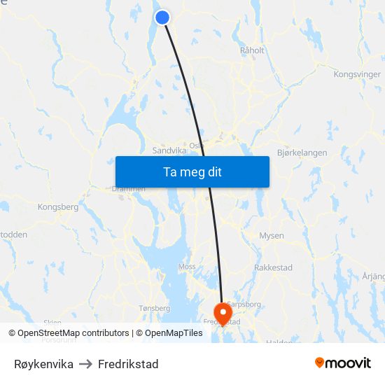 Røykenvika to Fredrikstad map