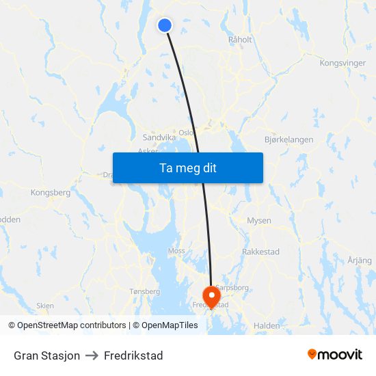 Gran Stasjon to Fredrikstad map