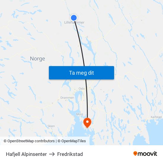 Hafjell Alpinsenter to Fredrikstad map