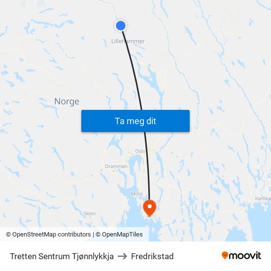 Tretten Sentrum Tjønnlykkja to Fredrikstad map