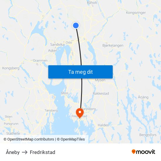 Åneby to Fredrikstad map