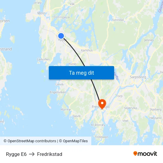Rygge E6 to Fredrikstad map